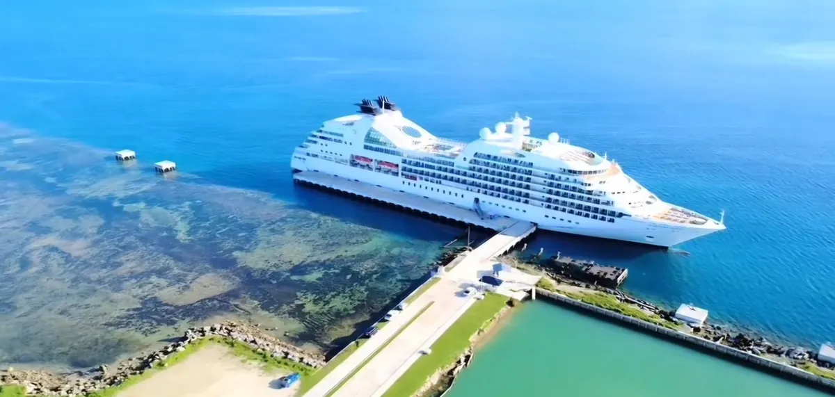 Cruise ship docked in Nuku'alofa's bright blue harbour