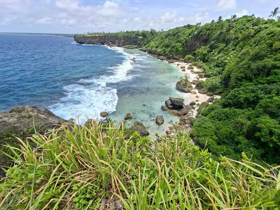 A sweeping view of Tongatapu's green coast and turquoise water