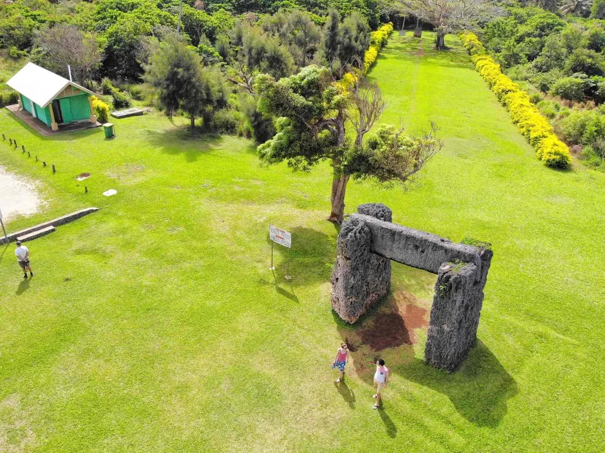 Aerial view of the ancient Ha'amonga 'a Maui stone trilithon
